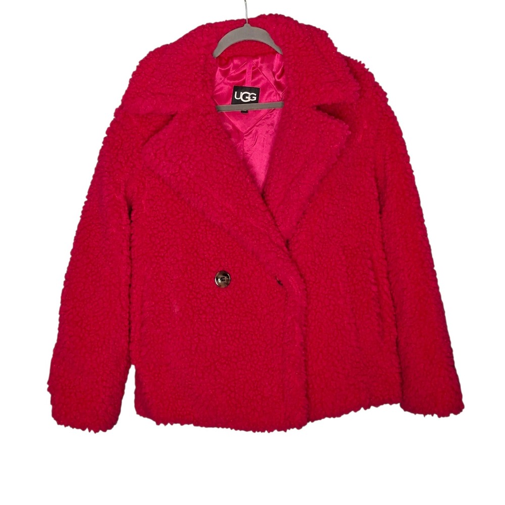 UGG Gertrude Short Teddy Faux Shearling Coat Jacket PINK Cerise Size XS - Picture 2 of 13